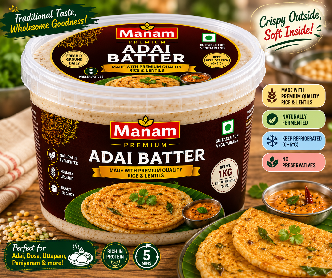 Adai Dosa Batter – Freshly Ground, No Preservatives
